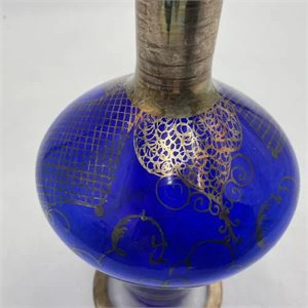 Vintage Cobalt Blue Glass Decanter Silver Overlay Venetian Gondola & Stopper